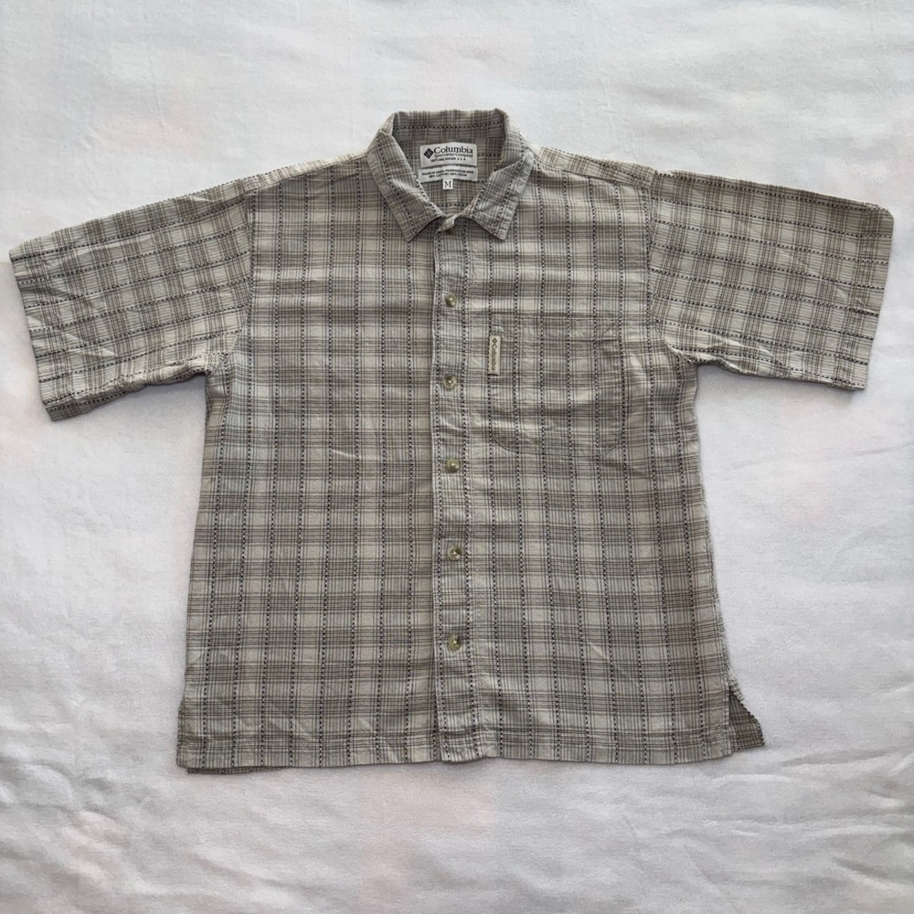 90s Columbia Mens M Tan Plaid Textured Short Sleeve Shirt Cotton Button Down